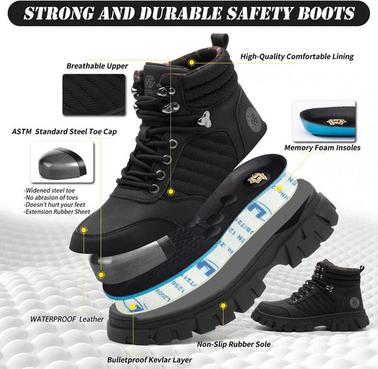 Men's Waterproof Steel-Toe Boots - 6 inches - Comfortable men's safety work boots. Durable steel-toe shoes. Lightweight, anti-slip, and puncture-resistant industrial construction boots.