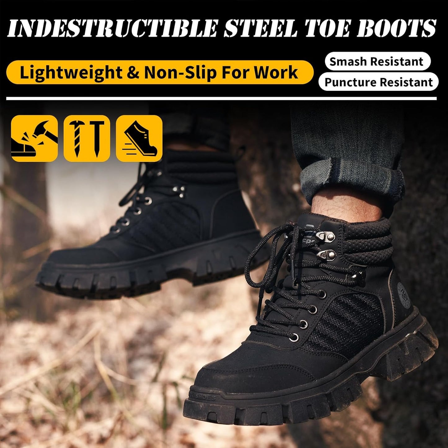 Men's Waterproof Steel-Toe Boots - 6 inches - Comfortable men's safety work boots. Durable steel-toe shoes. Lightweight, anti-slip, and puncture-resistant industrial construction boots.