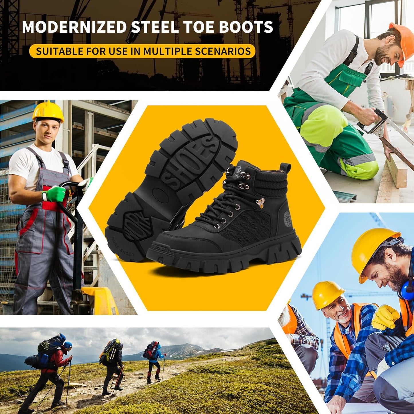 Men's Waterproof Steel-Toe Boots - 6 inches - Comfortable men's safety work boots. Durable steel-toe shoes. Lightweight, anti-slip, and puncture-resistant industrial construction boots.