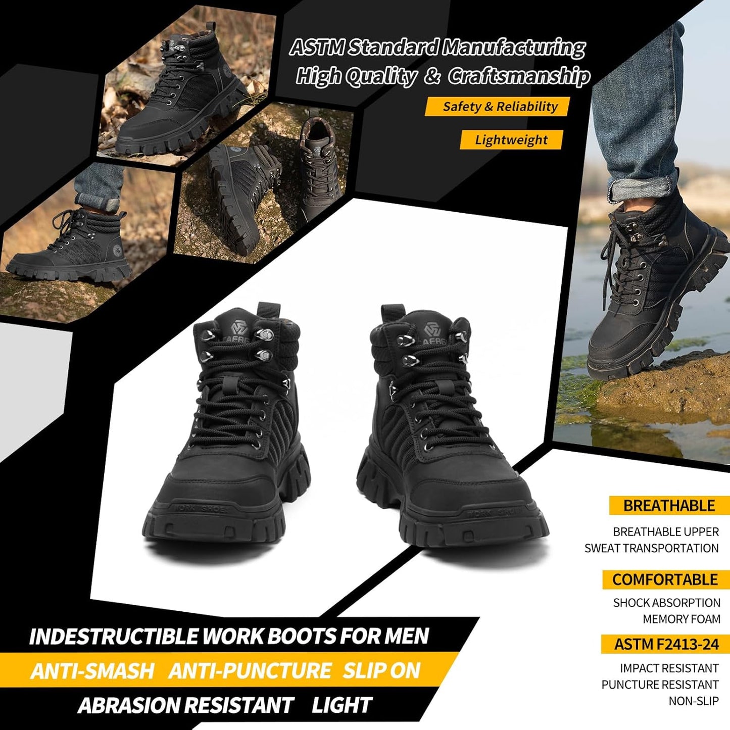 Men's Waterproof Steel-Toe Boots - 6 inches - Comfortable men's safety work boots. Durable steel-toe shoes. Lightweight, anti-slip, and puncture-resistant industrial construction boots.